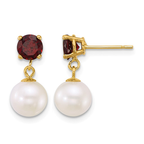 14K Yellow Gold Polished 7-8 mm Round White Cultured Freshwater Pearl and Garnet Dangle Earrings, 16.1 mm Long - XF878E/GA