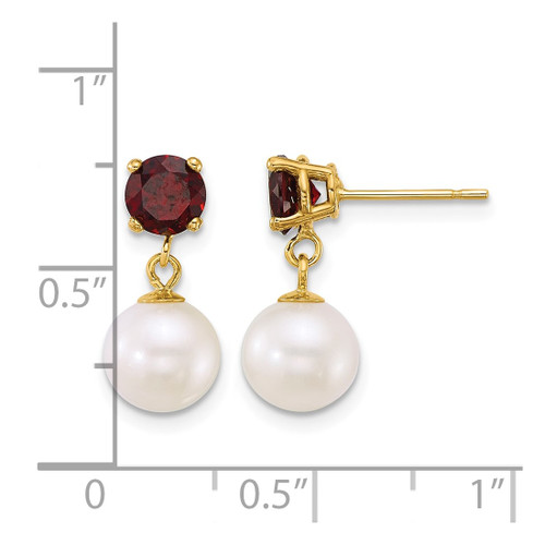 14K Yellow Gold Polished 7-8 mm Round White Cultured Freshwater Pearl and Garnet Dangle Earrings, 16.1 mm Long - XF878E/GA - View 2