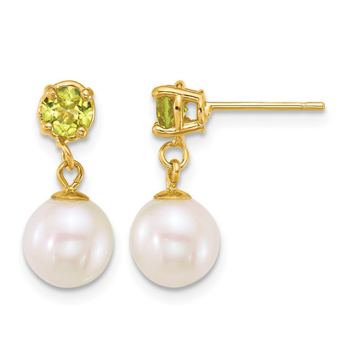 14K Yellow Gold Polished 7-8 mm Round White Cultured Freshwater Pearl and Peridot Dangle Earrings, 16.3 mm Long