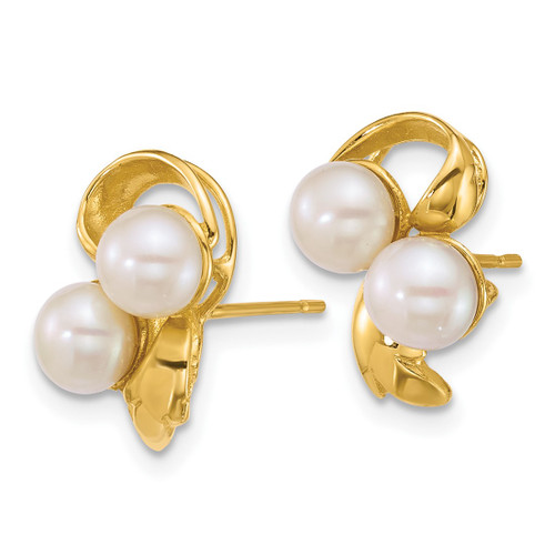 14K Yellow Gold Polished 5-6 mm Button White 2-Cultured Freshwater Pearl Stud Earrings, 13.9 mm Long - View 2