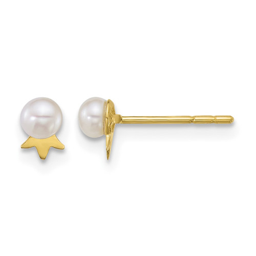 14K Yellow Gold Polished 3-4 mm Round White Cultured Freshwater Pearl with Crown Stud Earrings, 5.3 mm Long