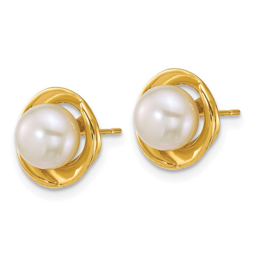 14K Yellow Gold Polished 6-7 mm Button White Cultured Freshwater Pearl Stud Earrings, 10.9 mm Long - View 2