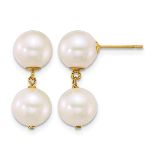 14K Yellow Gold Polished 7-8 mm Round White 2-Cultured Freshwater Pearl Dangle Earrings, 19 mm Long