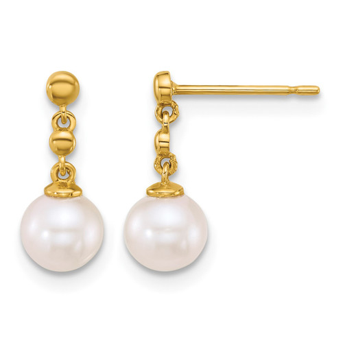 14K Yellow Gold Polished 6-7 mm White Round Cultured Freshwater Pearl Dangle Earrings, 13 mm Long