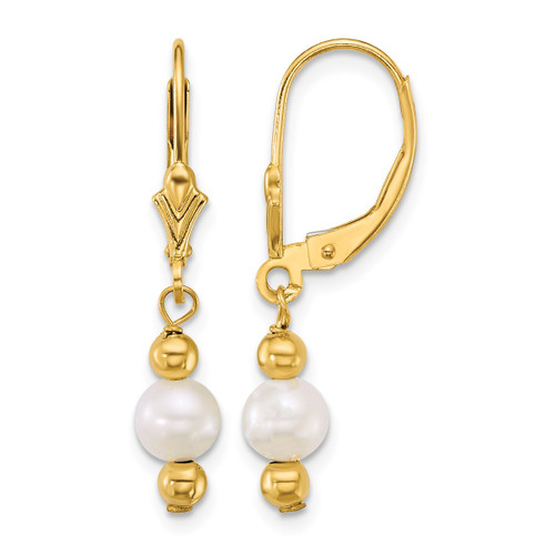 14K Yellow Gold Polished 5-6 mm Round White Cultured Freshwater Pearl and Bead Dangle Leverback Drop Earrings, 28 mm Long