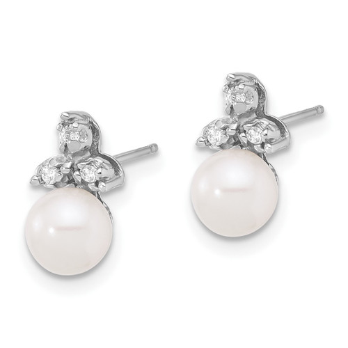 Rhodium-Plated 14K White Gold 5-6 mm White Round Cultured Freshwater Pearl 0.06ct Diamond Stud Earrings, 11.1 mm Long - View 2