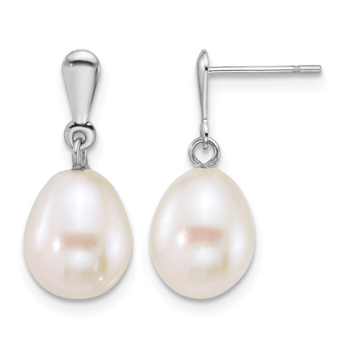 Rhodium-Plated 14K White Gold Polished 8-9 mm Rice White Cultured Freshwater Pearl Dangle Earrings, 20 mm Long