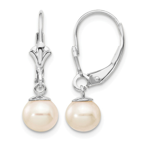 Rhodium-Plated 14K White Gold 6-7 mm White Round Cultured Freshwater Pearl Dangle Leverback Drop Earrings, 25 mm Long