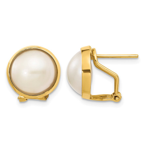 14K Yellow Gold 10-11 mm White Mabe Cultured Freshwater Pearl Omega Back Stud Earrings, 11.5 mm Long