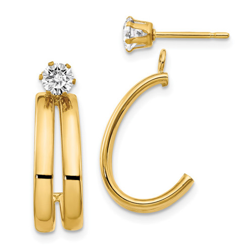 14K Yellow Gold Hollow Polished J-Hoop Jackets with 4 mm Cubic Zirconia Stud Earrings, 18 mm Long