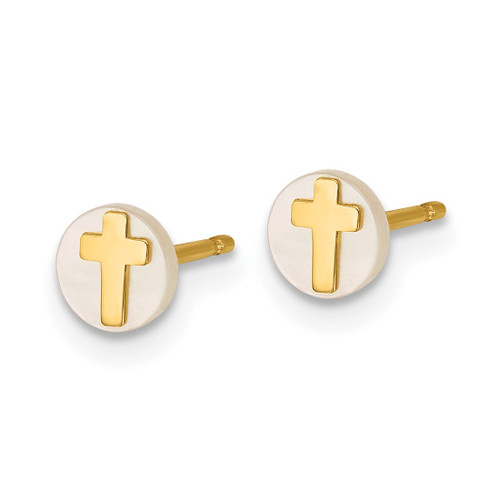14K Yellow Gold Polished Round Mother of Pearl with Cross Stud Earrings, 4.95 mm - View 2