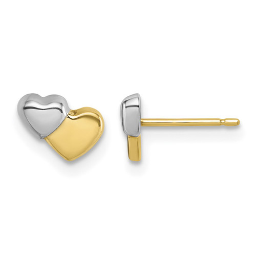 14K Yellow Gold with Rhodium Polished Double Heart Stud Earrings, 5.55 mm