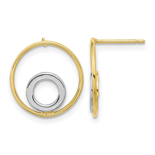 14K Yellow Gold White Rhodium Circle in Circle Post Drop Earrings, 15 mm