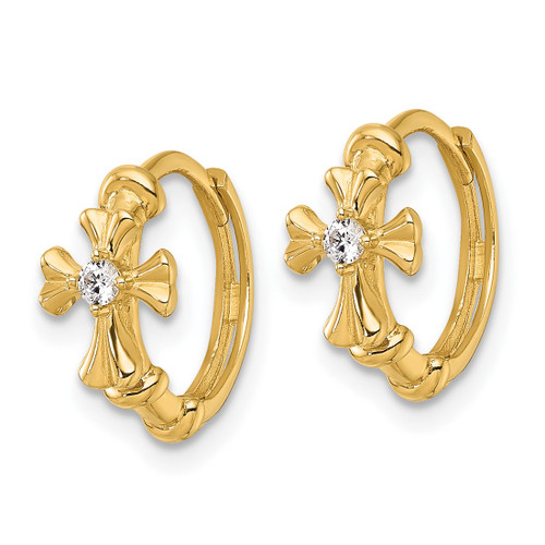 14K Yellow Gold Polished Cubic Zirconia Cross Round Hinged Hoop Earrings, 12.88 mm - View 2