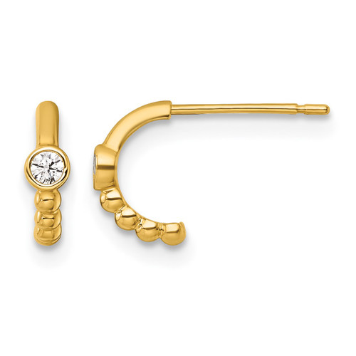 14K Yellow Gold Polished and Beaded Cubic Zirconia C-Hoop Post Earrings, 8.6 mm