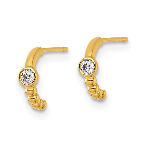 14K Yellow Gold Polished and Beaded Cubic Zirconia C-Hoop Post Earrings, 8.6 mm - View 2