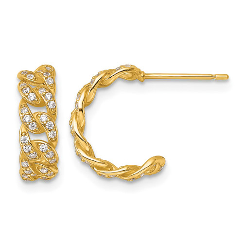 14K Yellow Gold Polished Cubic Zirconia Curb Link C-Hoop Post Earrings, 13 mm