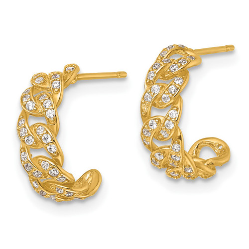 14K Yellow Gold Polished Cubic Zirconia Curb Link C-Hoop Post Earrings, 13 mm - View 2