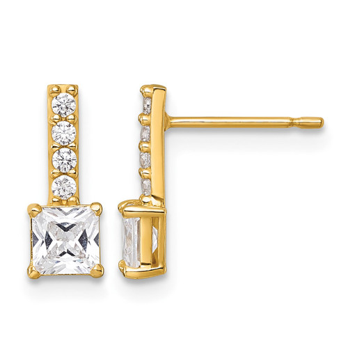 14K Yellow Gold Polished Square Cubic Zirconia Post Drop Earrings, 11.5 mm