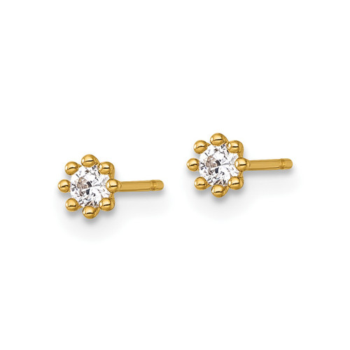 14K Yellow Gold Polished and Beaded 3.5 mm Round Cubic Zirconia Stud Earrings, 3.7 mm Long - View 2