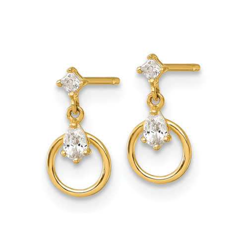 14K Yellow Gold Polished Pear and Square Cubic Zirconia Circle 9 mm Doorknocker Dangle Earrings - View 2