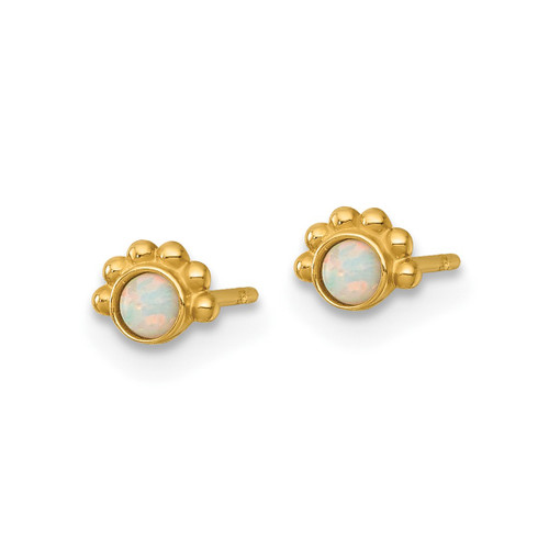 14K Yellow Gold Polished and Beaded 5 mm Lab-Created Opal Stud Earrings - View 2
