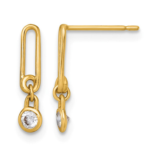 14K Yellow Gold Polished Bezel Cubic Zirconia and Paperclip Link Dangle Earrings, 14 mm