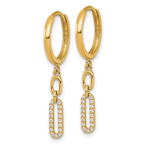 14K Yellow Gold Polished Cubic Zirconia Long Paperclip Link Dangle Round Hinged Hoop Drop Earrings, 30 mm - View 2