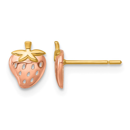 14K Yellow Gold with Rose Rhodium Polished Strawberry Stud Earrings, 7.8 mm