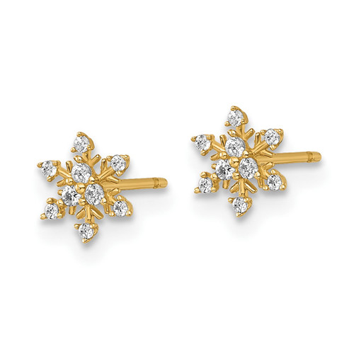 14K Yellow Gold Polished Tiny Cubic Zirconia Snowflake Stud Earrings, 6.6 mm - View 2