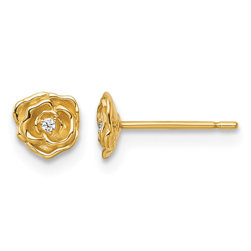 14K Yellow Gold Polished Cubic Zirconia Rose Stud Earrings, 5.3 mm