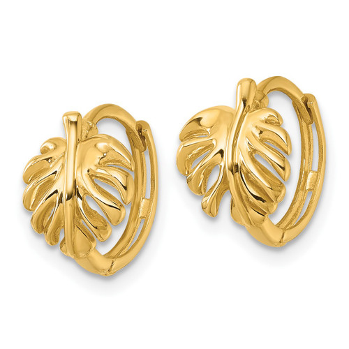 14K Yellow Gold Polished Monstera Leaf Round Hinged Hoop Earrings, 13.5 mm - View 2