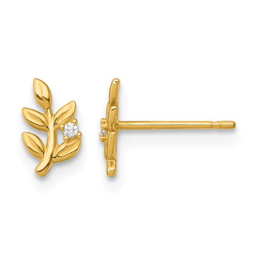 14K Yellow Gold Polished Small Cubic Zirconia Leaf Stud Earrings, 7.8 mm