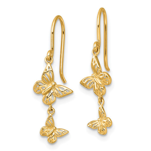 14K Yellow Gold Polished Double Butterfly Dangle French Hook Drop French Wire Earrings, 27.1 mm - View 2