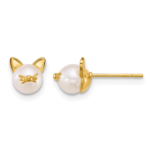 14K Yellow Gold Polished Cultured Freshwater Pearl Cat Stud Earrings, 6.3 mm