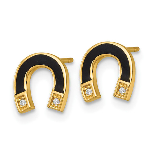 14K Yellow Gold Polished Black Enamel and Cubic Zirconia Horseshoe Stud Earrings, 8.1 mm - View 2
