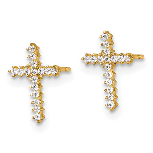 14K Yellow Gold Polished Cubic Zirconia Latin Cross Stud Earrings, 10.55 mm - View 2