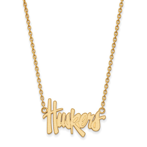 LogoArt University of Nebraska Necklace - Sterling Silver Gold-Tone Huskers Script Large Pendant 18 Inch