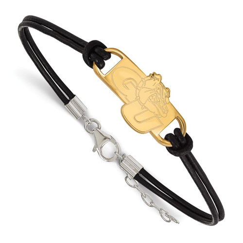 LogoArt Gonzaga University Bracelet - Sterling Silver Gold-Tone G-U Bulldog Small Center Black Leather 7 Inch with Extender