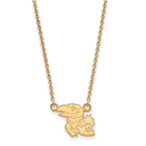 LogoArt University of Kansas Necklace - Sterling Silver Gold-Tone Jayhawk Small Pendant 18 Inch, 13 mm Wide - GP011UKS-18