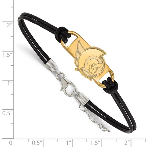 LogoArt Ottawa Senators Bracelet - Sterling Silver Gold-Tone Small Center Black Leather 7 Inch with Extender - View 2