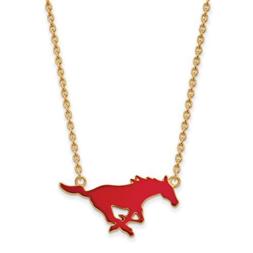 LogoArt Southern Methodist University Necklace - Sterling Silver Gold-Tone Mustang Large Enameled Pendant 18 Inch