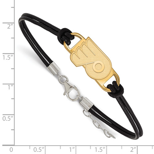 LogoArt Philadelphia Flyers Bracelet - Sterling Silver Gold-Tone Small Center Black Leather 7 Inch with Extender - View 2
