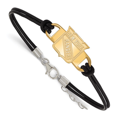LogoArt New York Rangers Bracelet - Sterling Silver Gold-Tone Small Center Black Leather 7 Inch with Extender