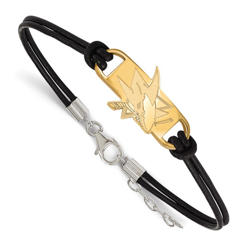 LogoArt San Jose Sharks Bracelet - Sterling Silver Gold-Tone Small Center Black Leather 7 Inch with Extender