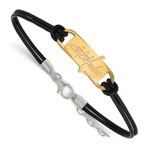 LogoArt Washington Capitals Bracelet - Sterling Silver Gold-Tone Small Center Black Leather 7 Inch with Extender