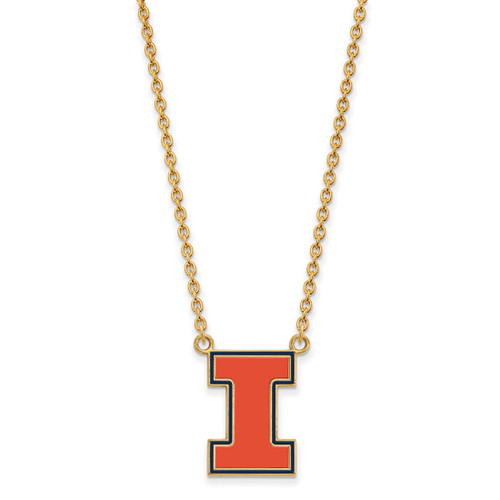 LogoArt University of Illinois Necklace - Sterling Silver Gold-Tone Letter I Large Enameled Pendant 18 Inch