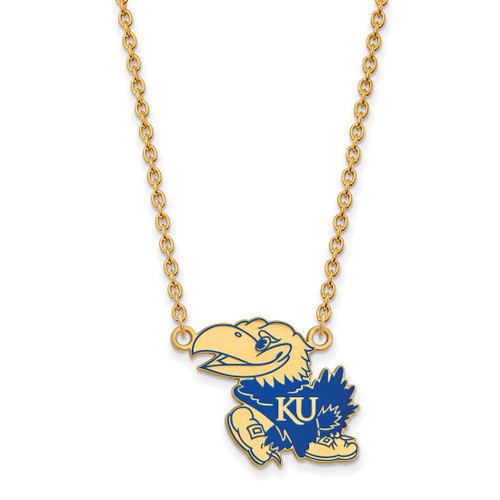 LogoArt University of Kansas Necklace - Sterling Silver Gold-Tone Jayhawk Large Enameled Pendant 18 Inch