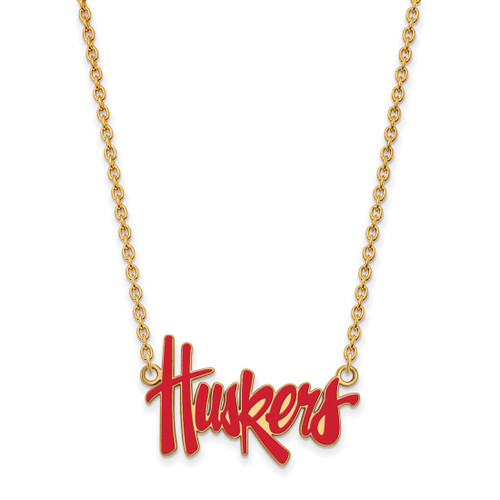 LogoArt University of Nebraska Necklace - Sterling Silver Gold-Tone Huskers Script Large Enameled Pendant 18 Inch