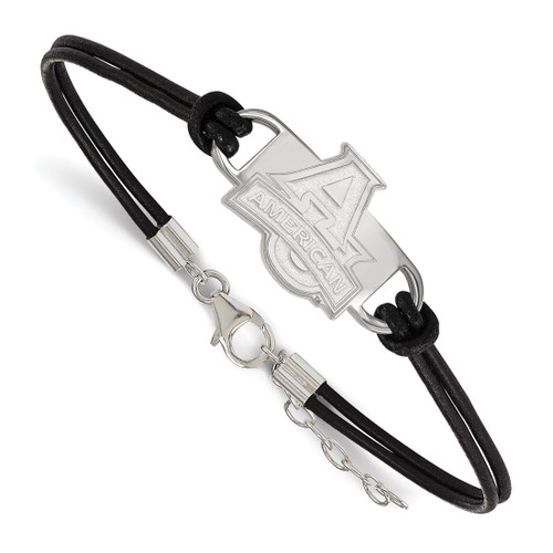 LogoArt American University Bracelet - Sterling Silver Rhodium-Plated Small Center Black Leather 7 Inch with Extender